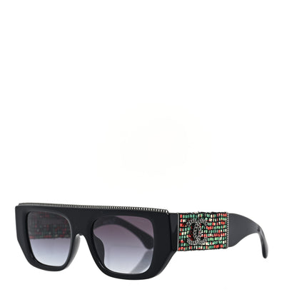 Chanel Acetate Tweed Diamanté Chain CC Rectangle Sunglasses 71549A Black Multicolor 1 of 6