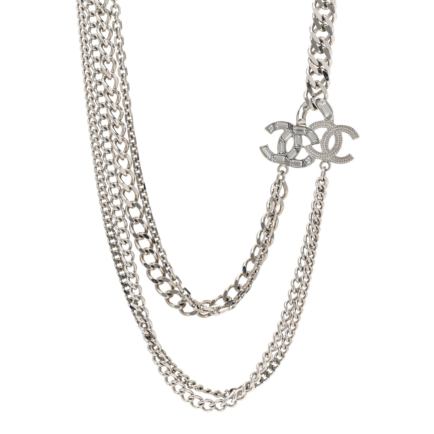 Baguette Crystal CC Multi Strand Long Chain Necklace Silver