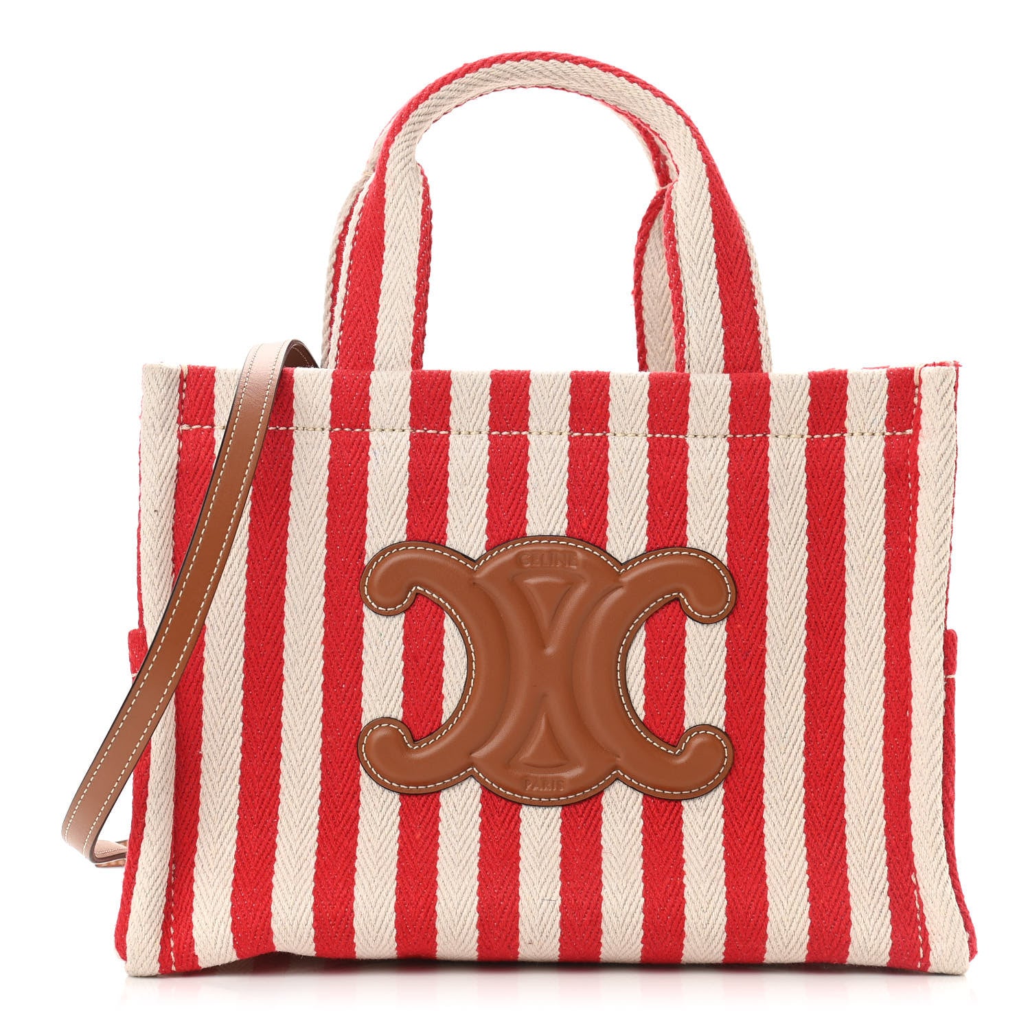Celine Canvas Calfskin Striped Triomphe Small Cabas Thais Natural Red 1 of 9