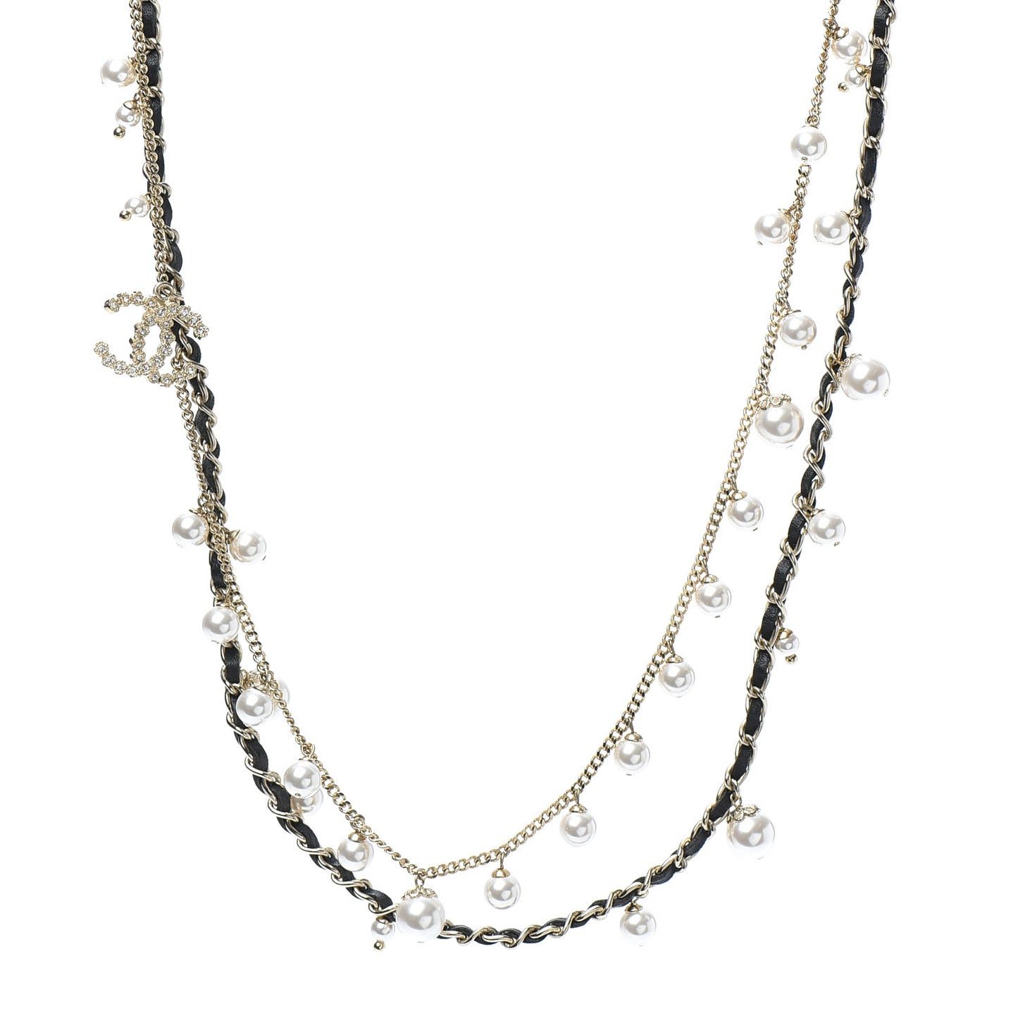 Lambskin CC Pearl Chain Necklace Black Gold
