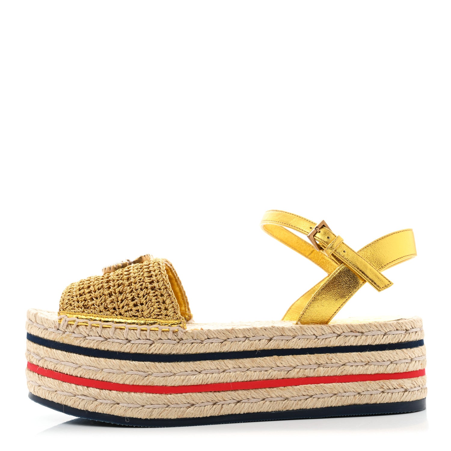 Gucci Cotton Malaga Kid Crochet Pearly GG Lilibeth Espadrille Platform Sandals 37.5 Gold 1 of 10