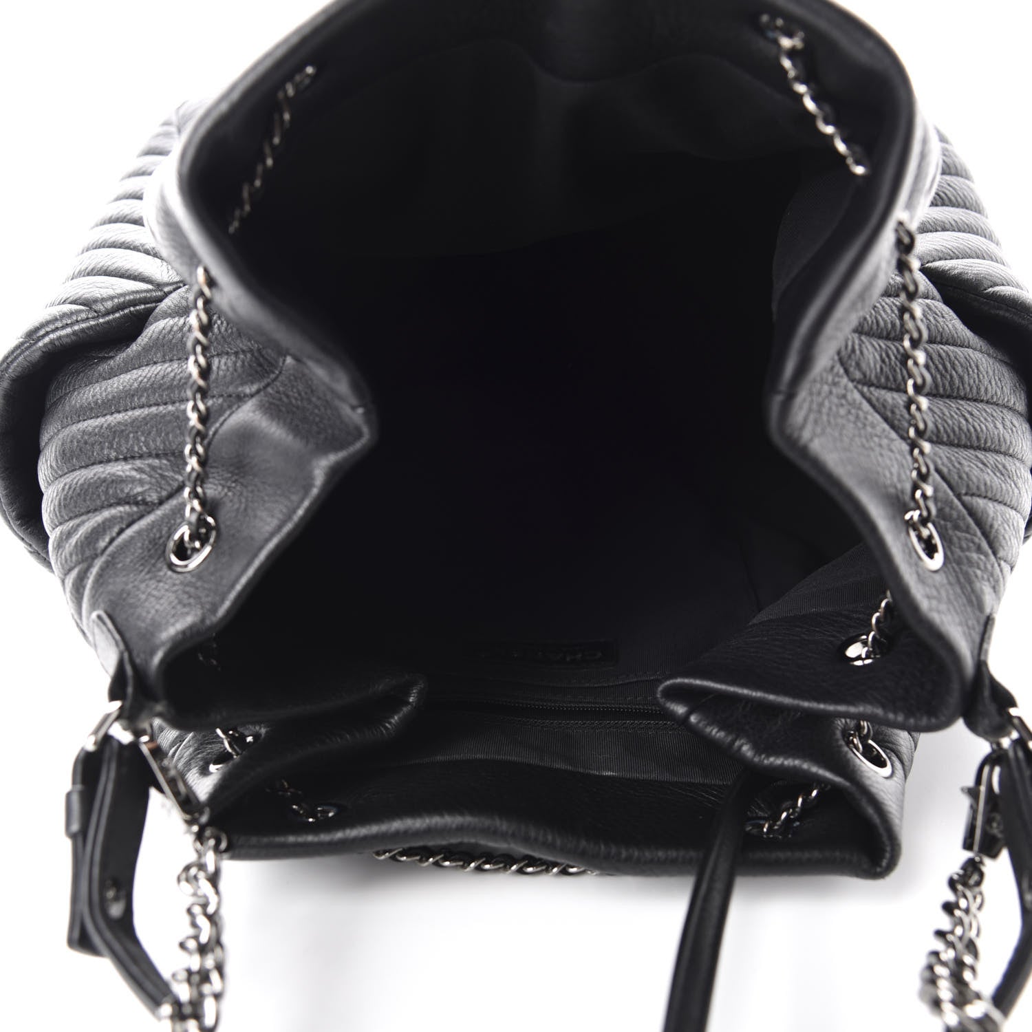 Chanel Deerskin Chevron Large CC Chain Bucket Drawstring Bag Black 5 of 10