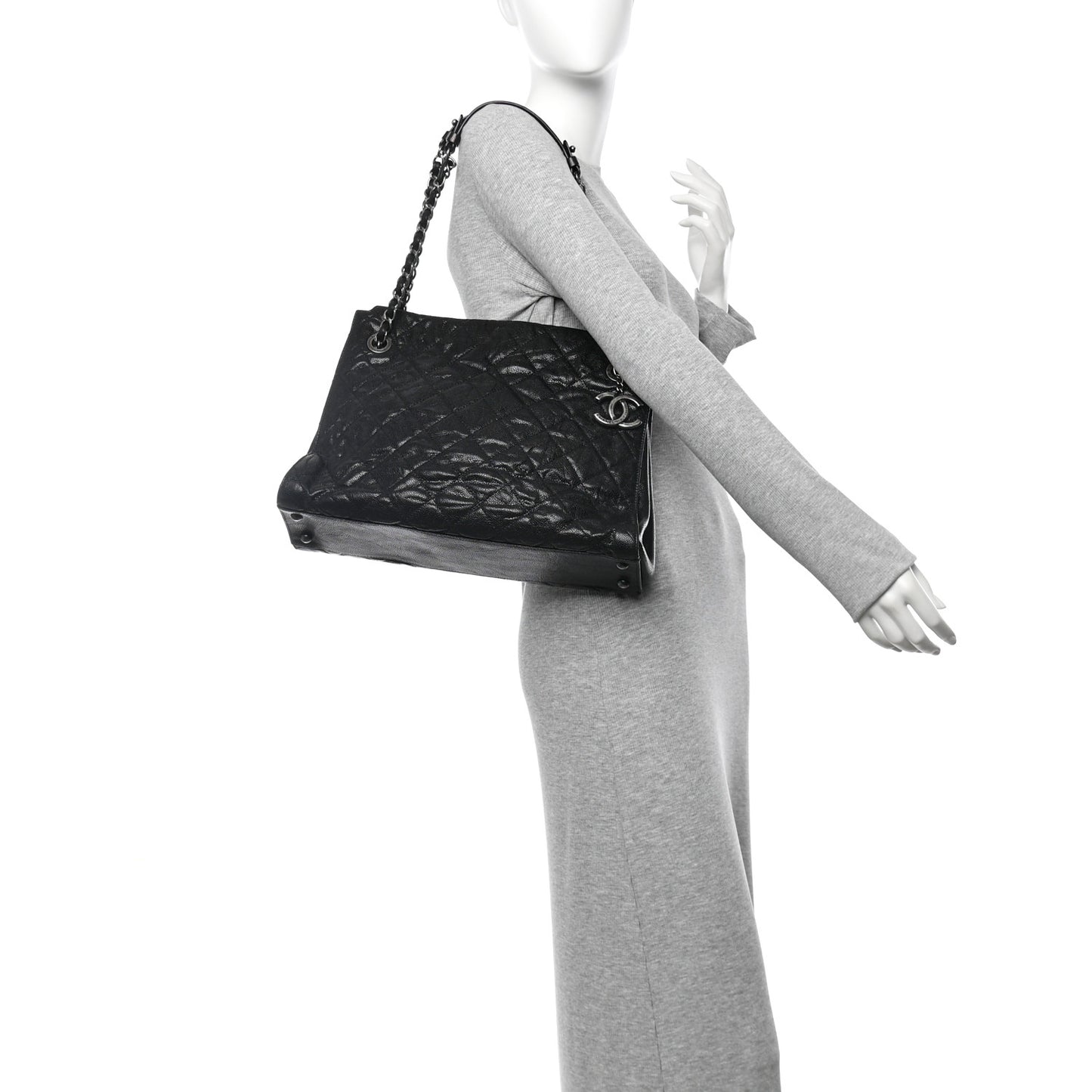 Crumpled Grained Calfskin CC Crave Tote Black