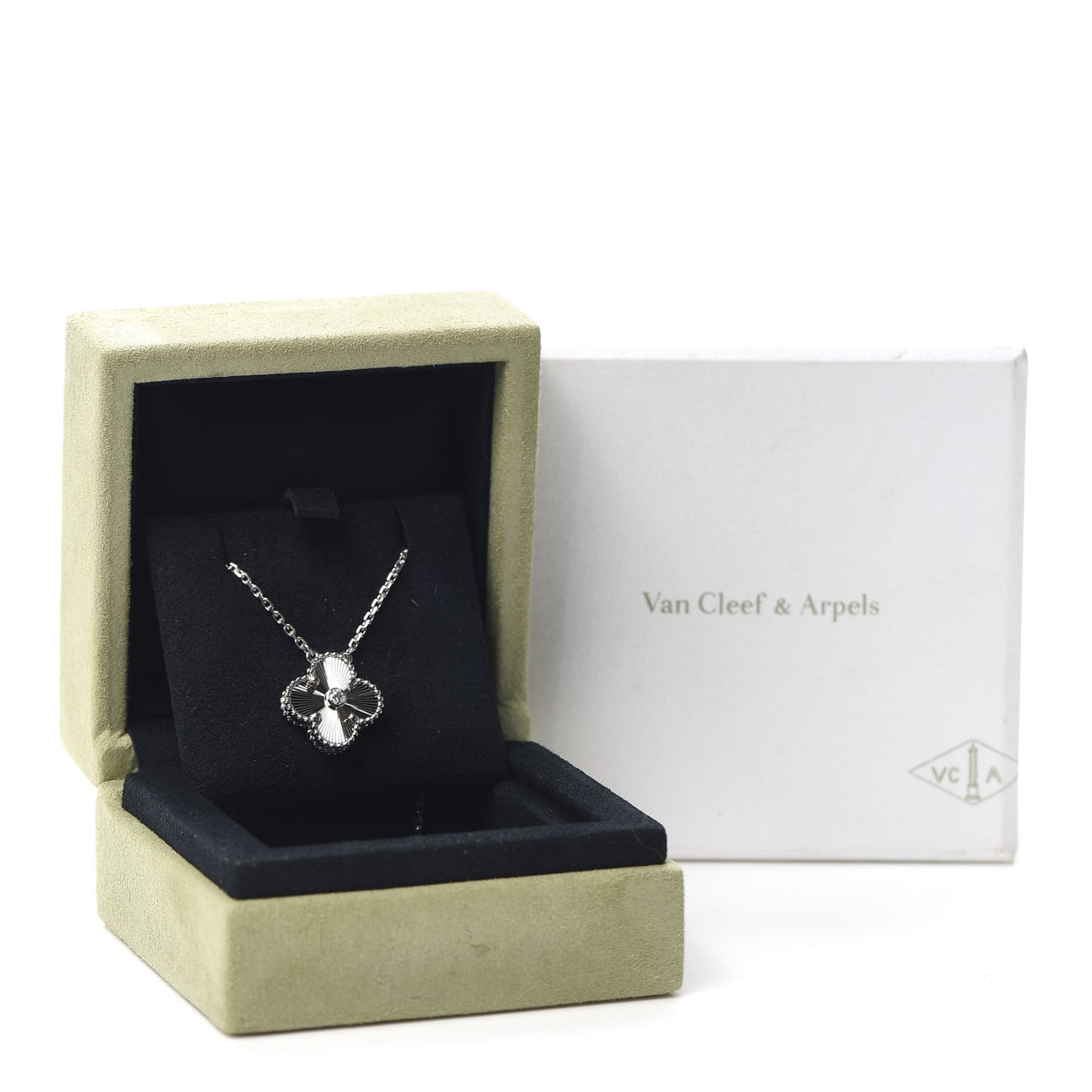 18K White Gold Diamond Guilloche Vintage Alhambra Pendant Necklace