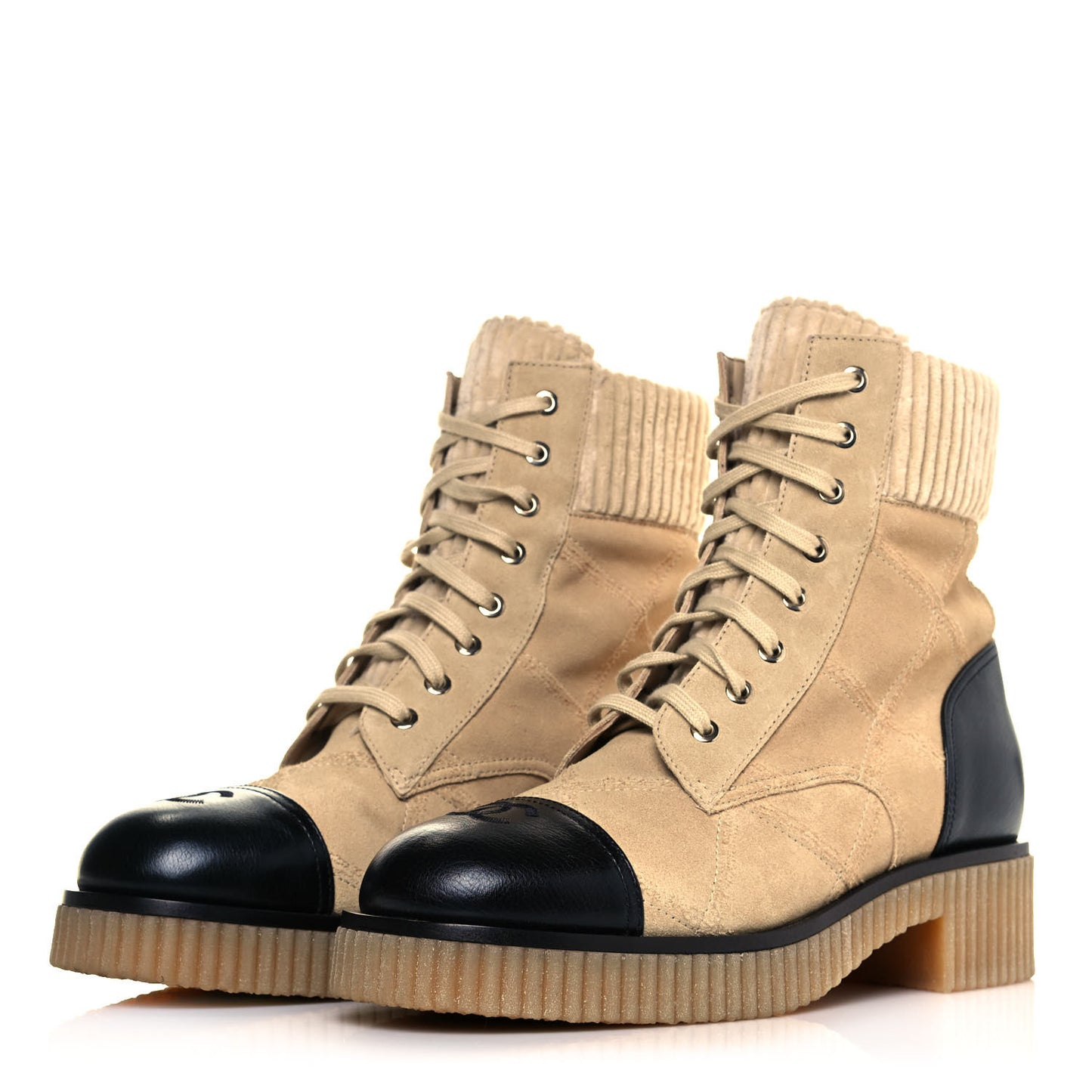 Suede Calfskin Velvet Quilted CC Combat Boots 40 Beige Black