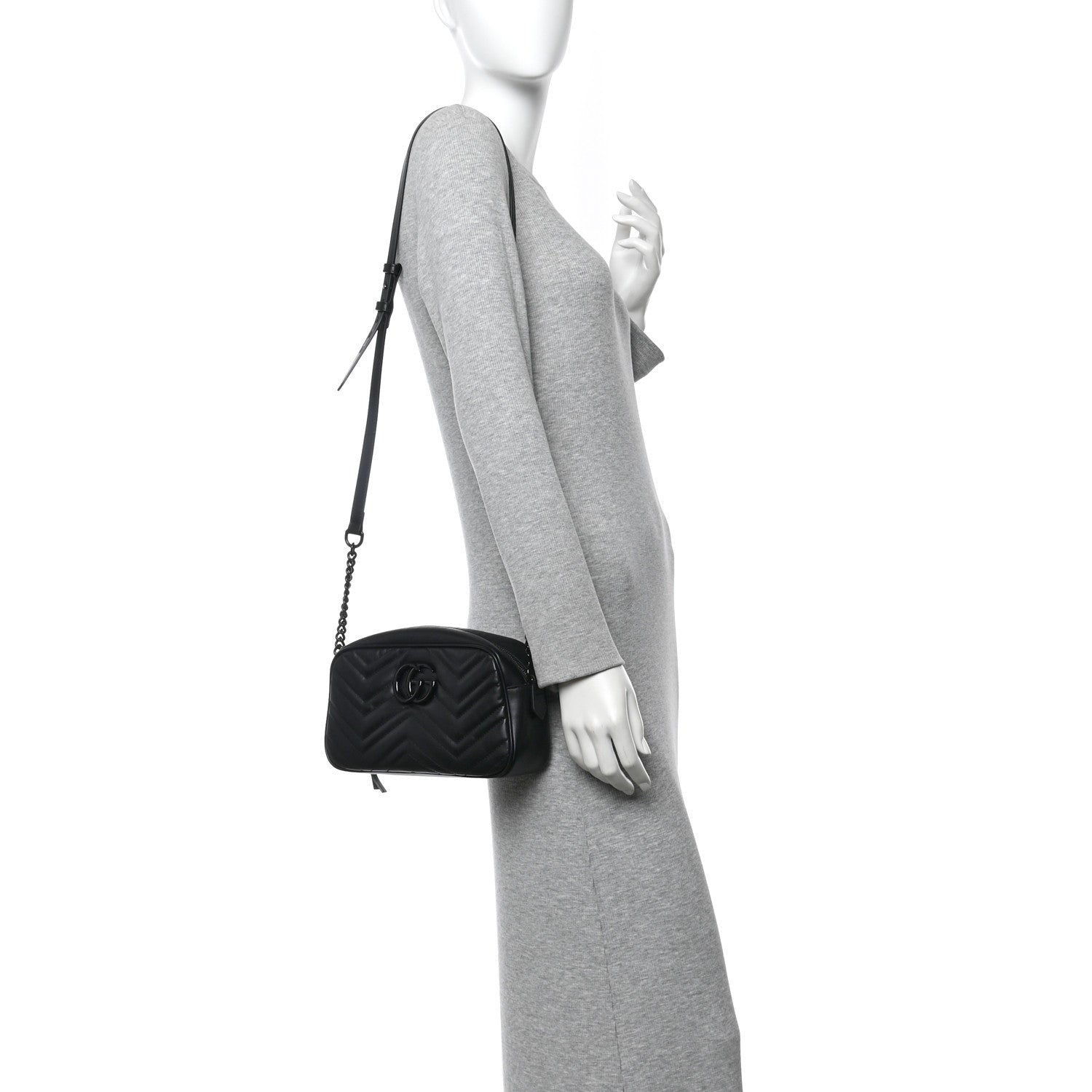 Gucci Calfskin Matelasse Monochrome Small GG Marmont Chain Shoulder Bag Black 2 of 11