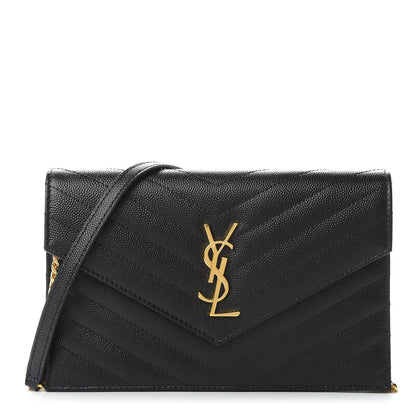 Saint Laurent Grain De Poudre Matelasse Chevron Monogram Envelope Chain Wallet Black 1 of 10