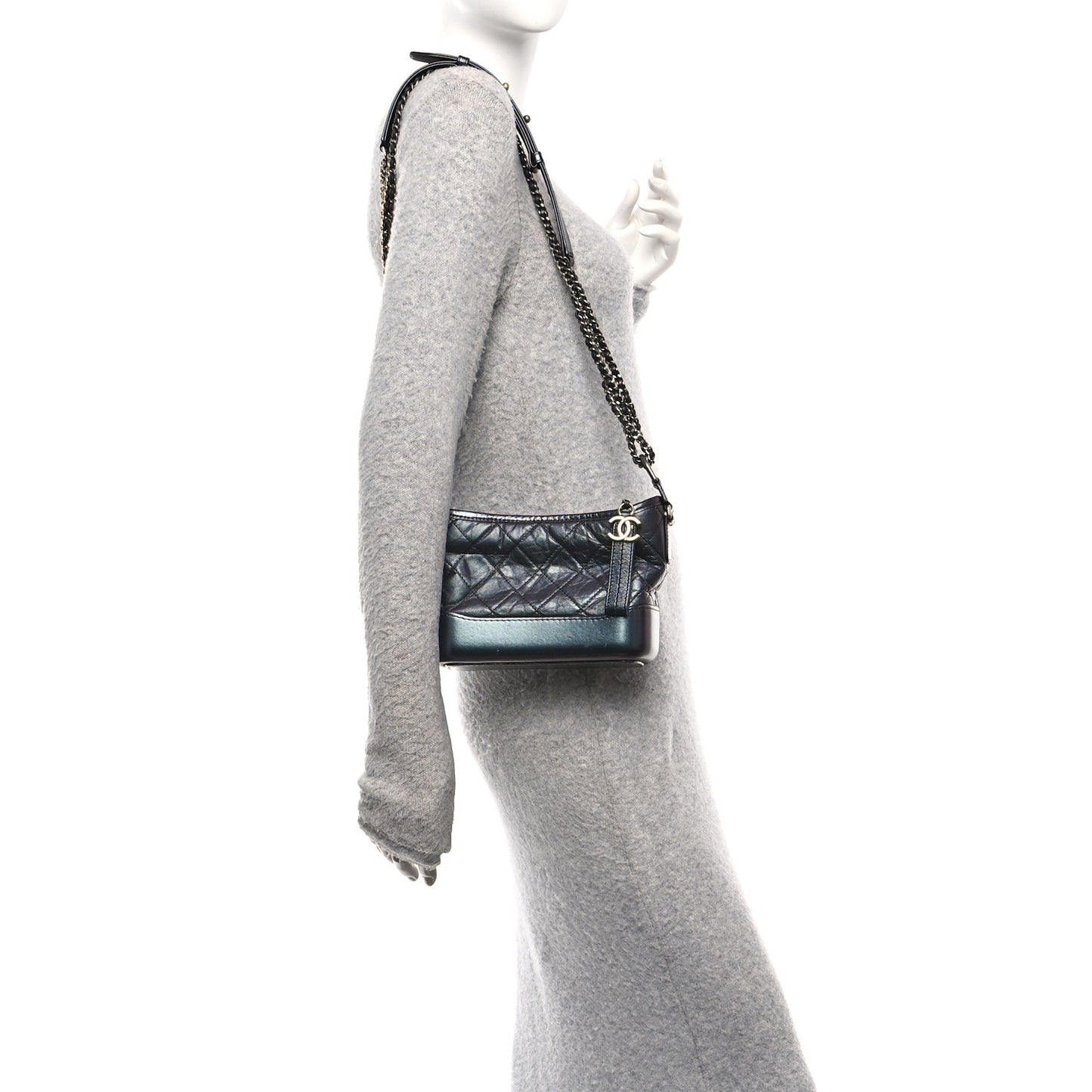 Iridescent Aged Calfskin Quilted Small Gabrielle Hobo Black