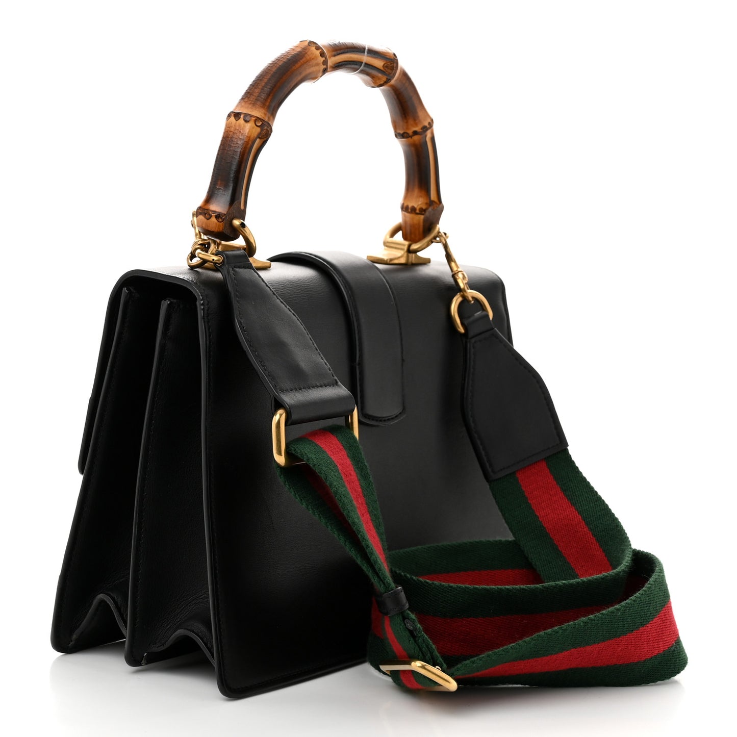 Moon Calfskin Web Medium Dionysus Bamboo Top Handle Bag Black Bright Evergreen Hibiscus Red