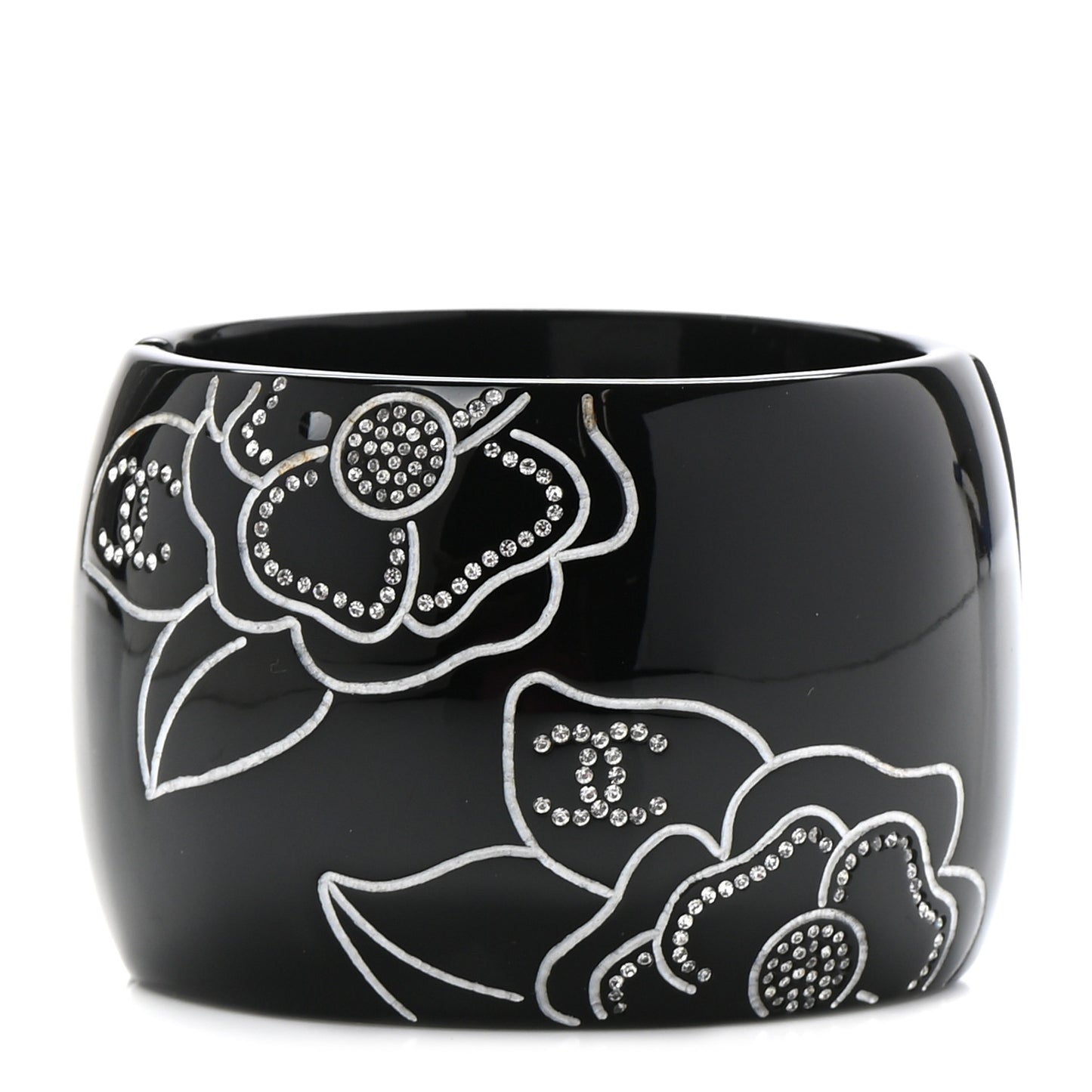 Resin Crystal Camellia CC Cuff Bracelet Black Silver