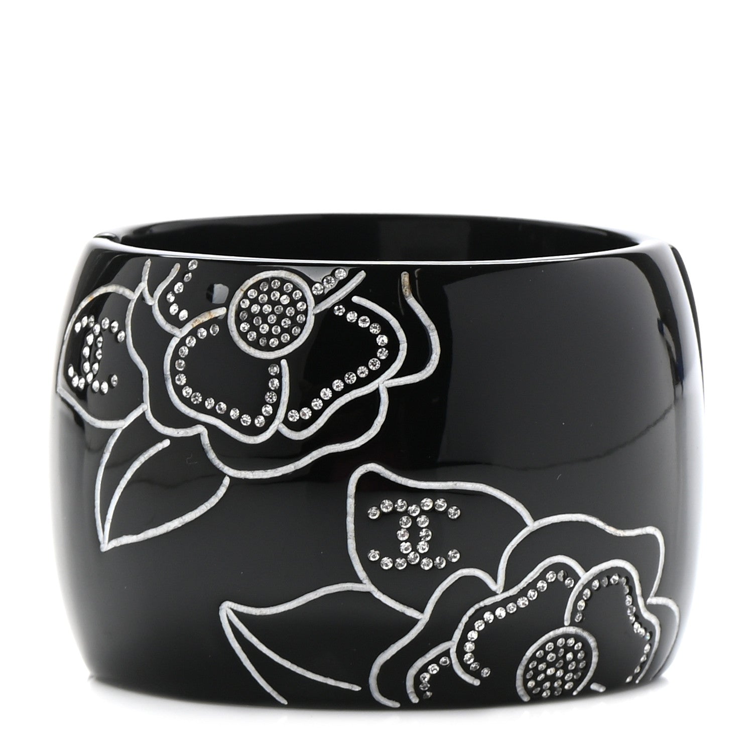 Chanel Resin Crystal Camellia CC Cuff Bracelet Black Silver 1 of 4