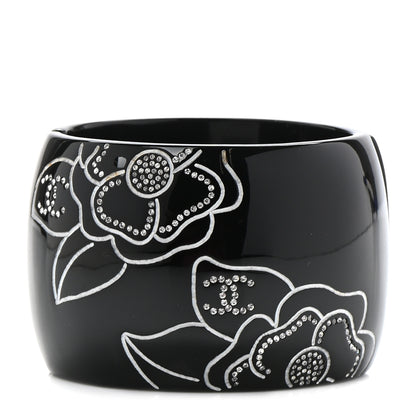Chanel Resin Crystal Camellia CC Cuff Bracelet Black Silver 1 of 4