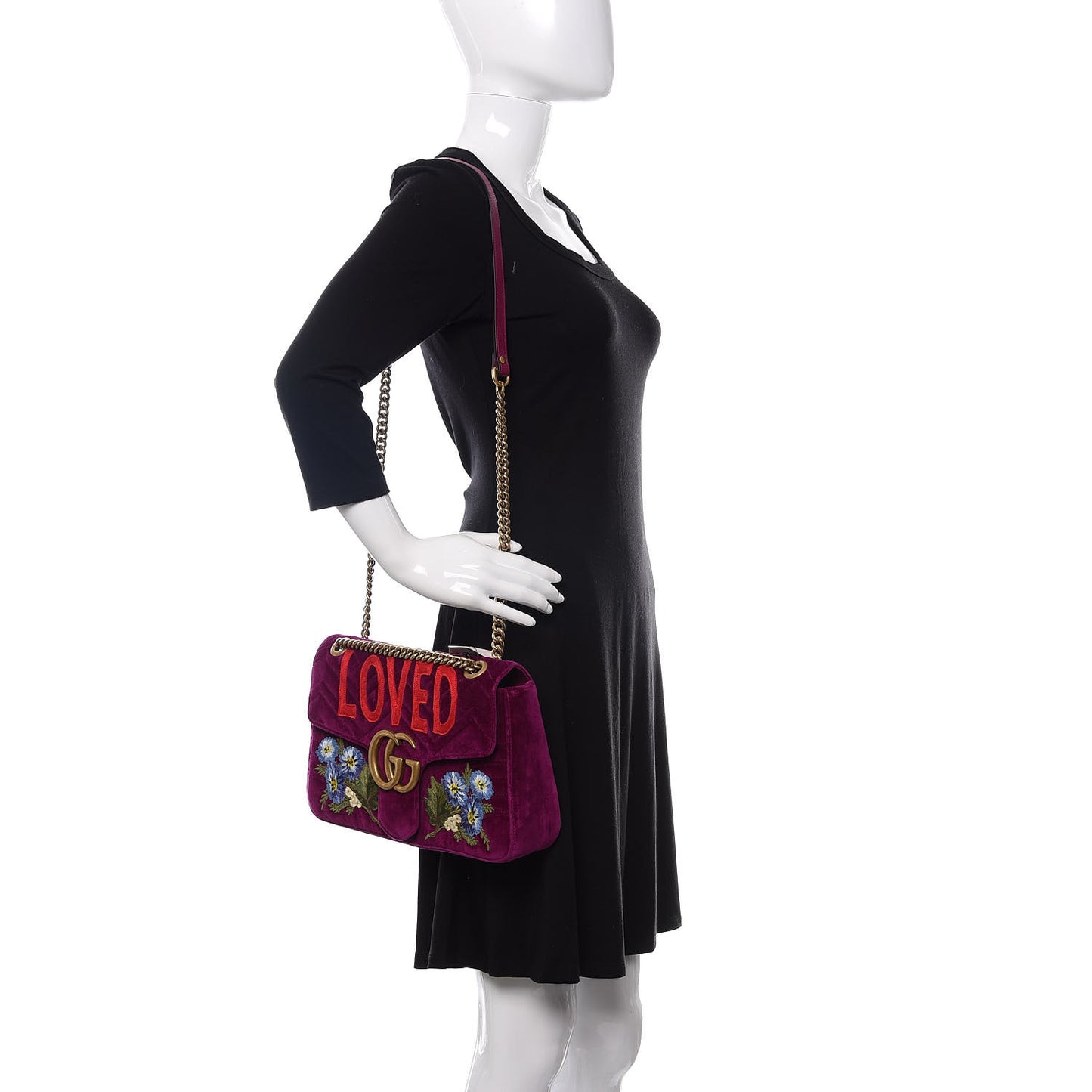 Velvet Matelasse Loved Embroidered Medium GG Marmont Shoulder Bag Fuchsia Violet Cyclamen