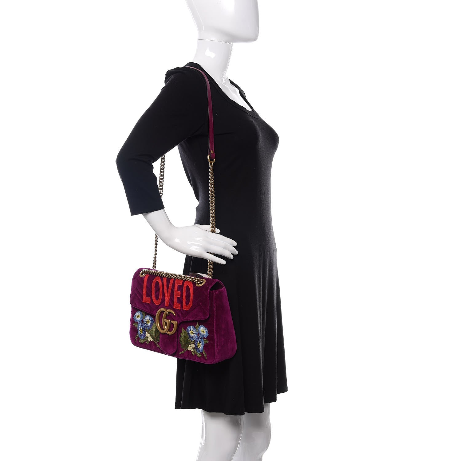 Gucci Velvet Matelasse Loved Embroidered Medium GG Marmont Shoulder Bag Fuchsia Violet Cyclamen 2 of 10