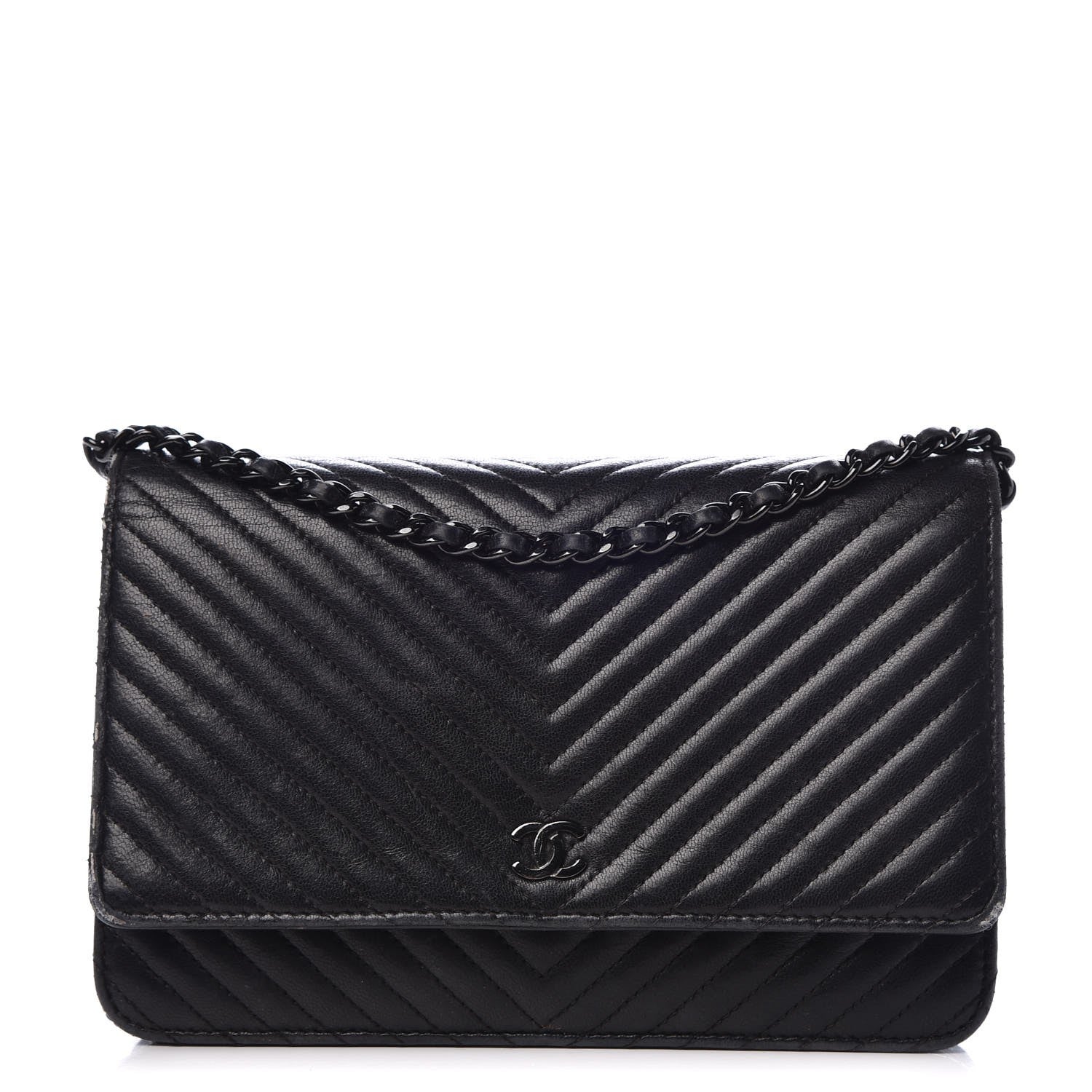 Chanel Lambskin Chevron Quilted Wallet On Chain WOC So Black 1 of 17