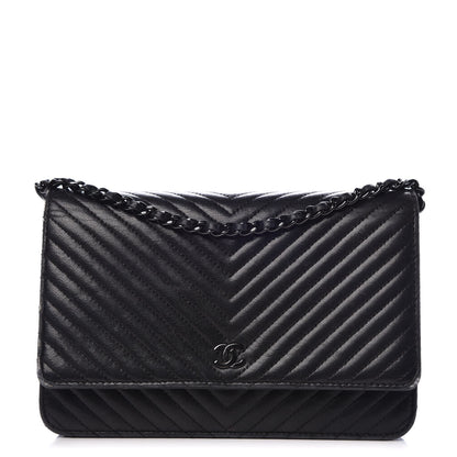 Chanel Lambskin Chevron Quilted Wallet On Chain WOC So Black 1 of 17