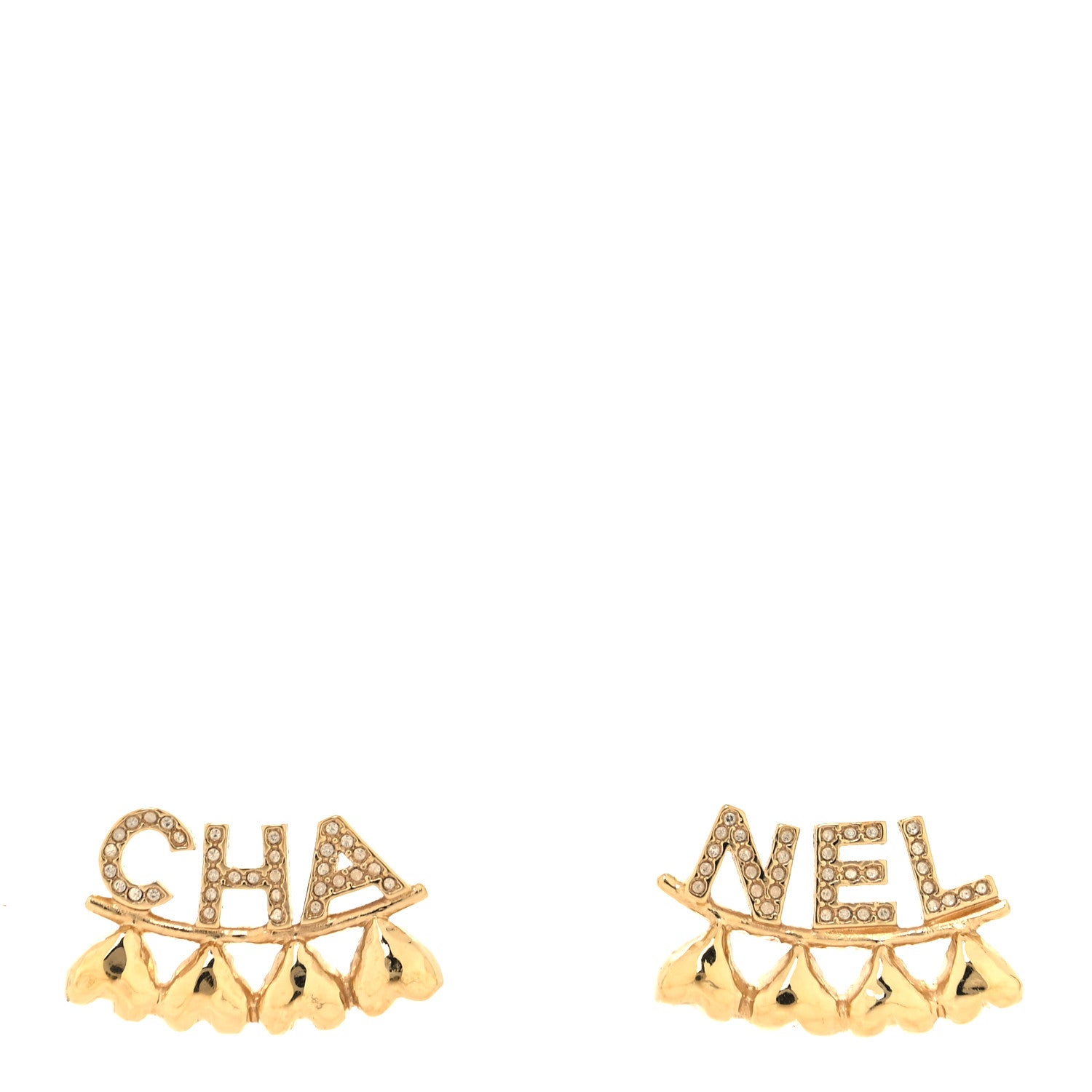 Chanel Crystal Heart Cha-Nel Logo Earrings Gold 1 of 4