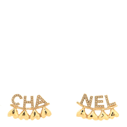 Chanel Crystal Heart Cha-Nel Logo Earrings Gold 1 of 4