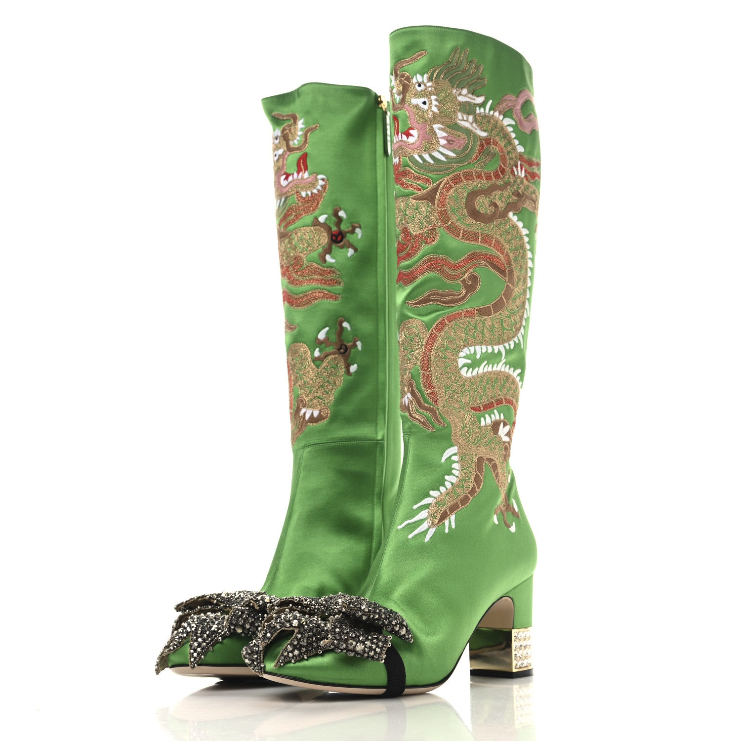 Gucci Silk Satin Malaga Kid Embroidered Candy Dragon Block-Heel Knee Boot 40.5 Palm 3 of 8