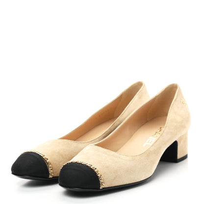Chanel Suede Calfskin Grosgrain Cap Toe Chain Ballerina Flats 37 Beige Black 3 of 8