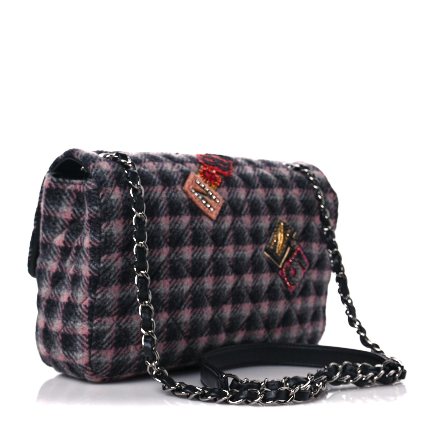 Wool Patchwork Medium Single Flap Pink Grey