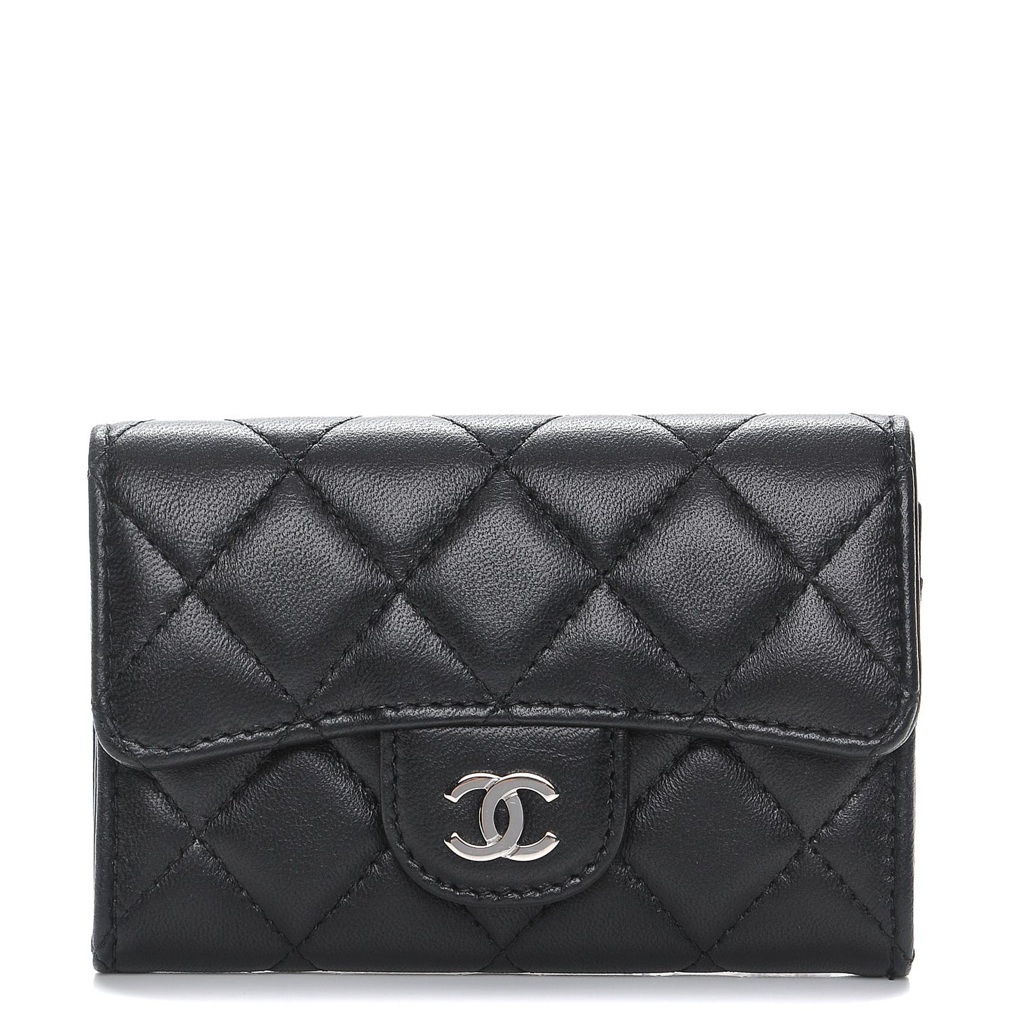 Lambskin Quilted Flap Card Holder Black