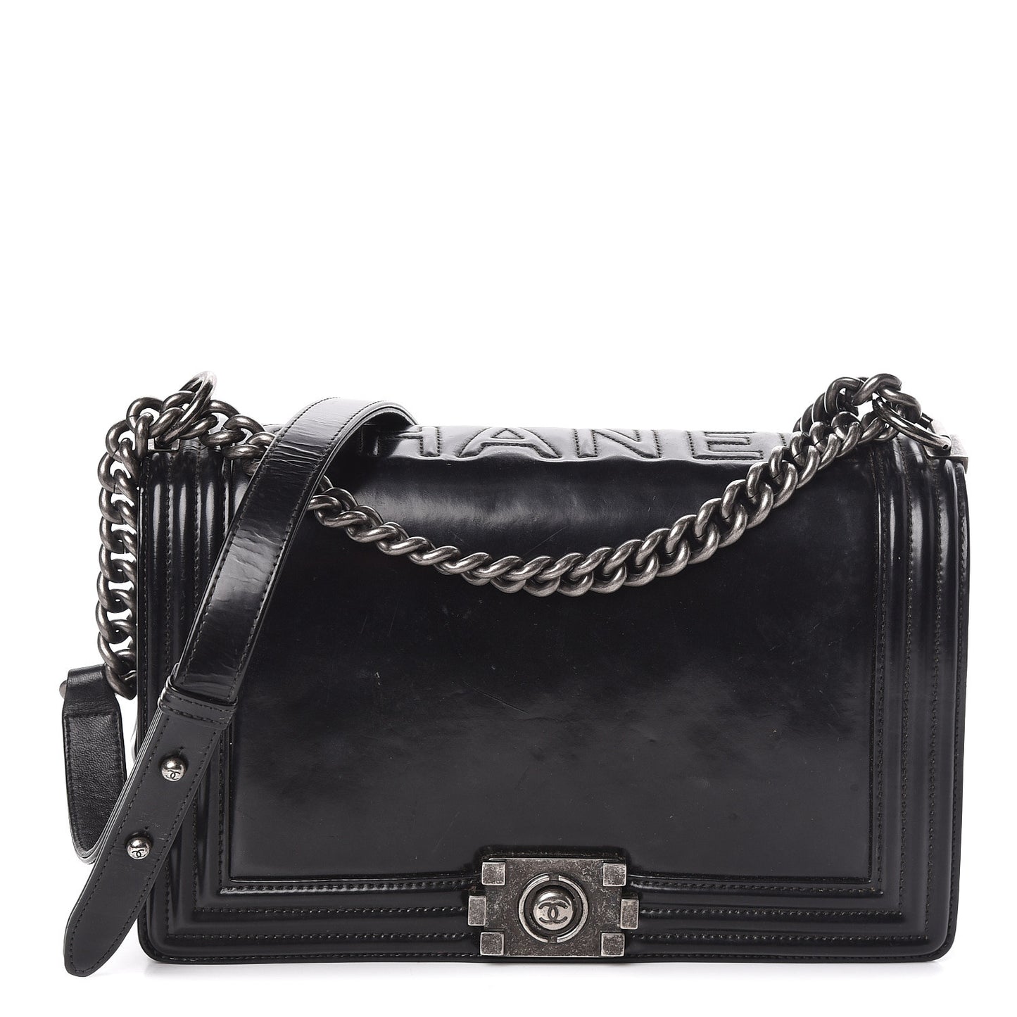 Glazed Calfskin Large Boy Flap Black