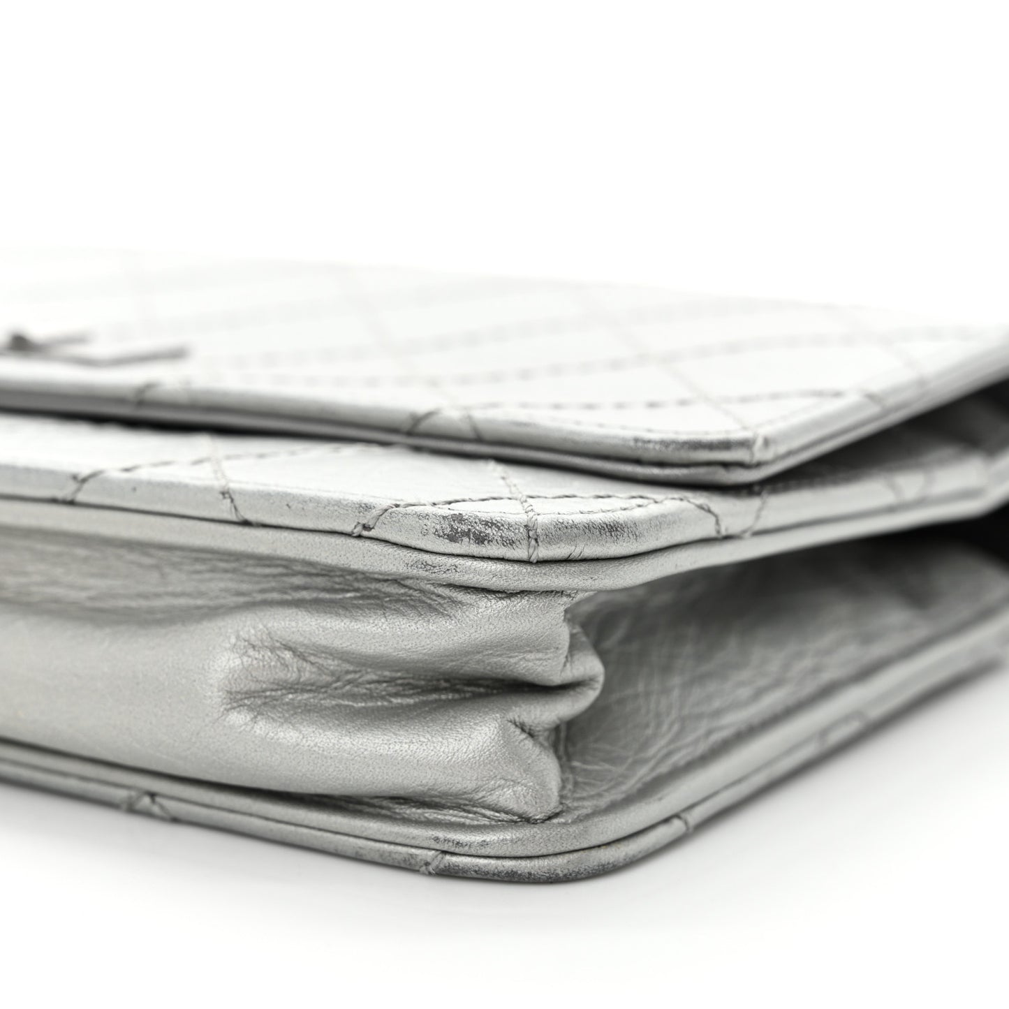 Metallic Aged Calfskin Quilted Reissue Wallet On Chain WOC Silver