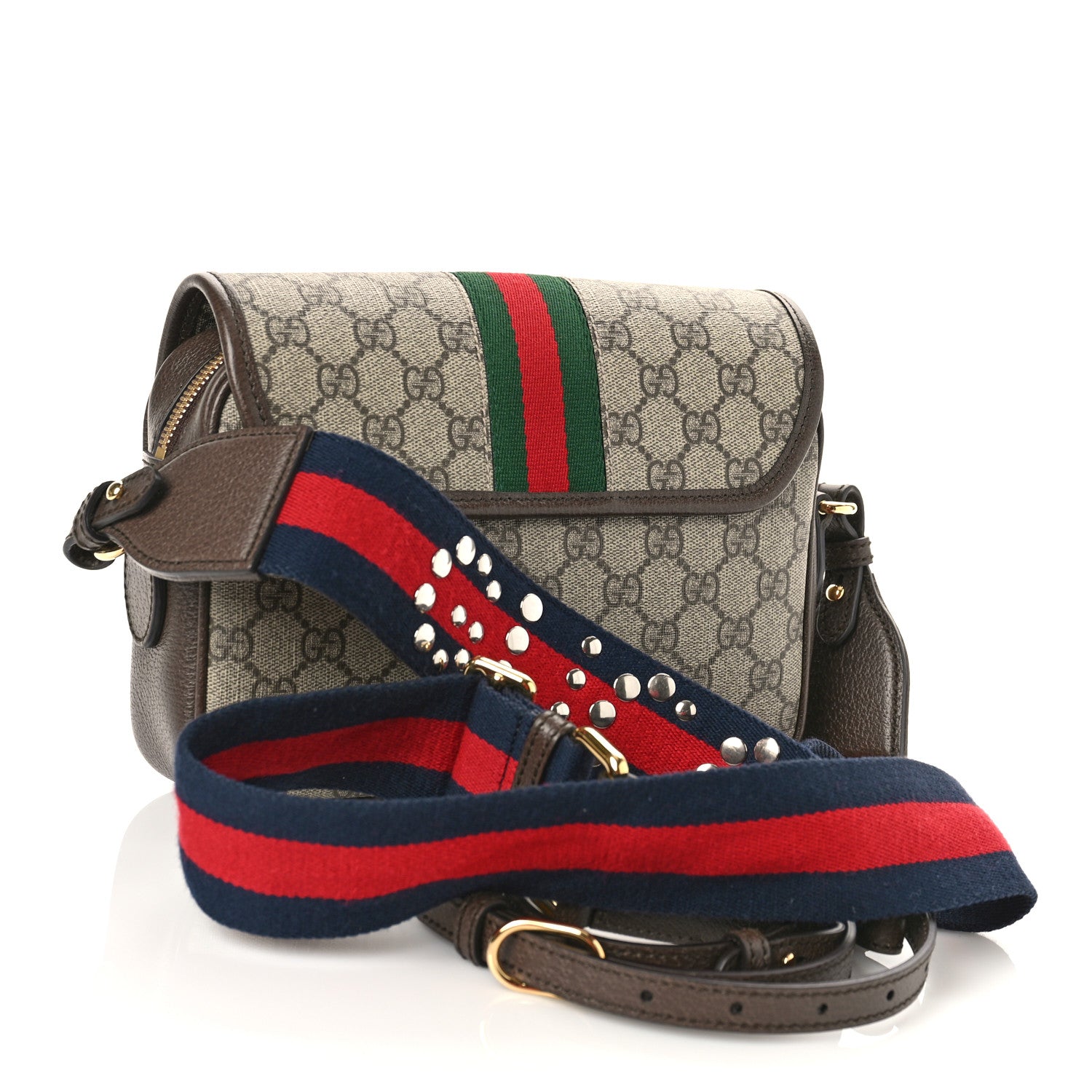 Gucci GG Supreme Monogram Textured Dollar Calfskin Web Studded Mini Ophidia Flap Shoulder Bag Beige Ebony New Acero 2 of 8