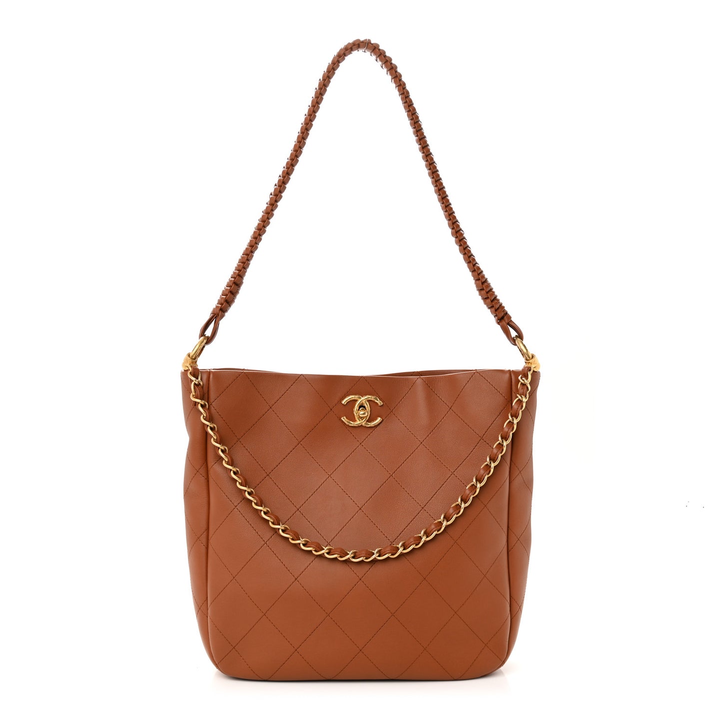 Calfskin Quilted Braided Handle Chain Hobo Brown
