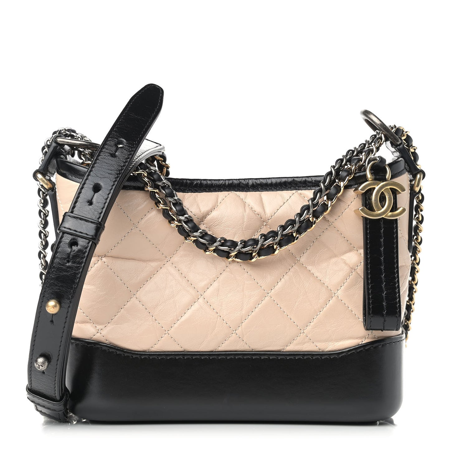 Aged Calfskin Quilted Small Gabrielle Hobo Beige Black