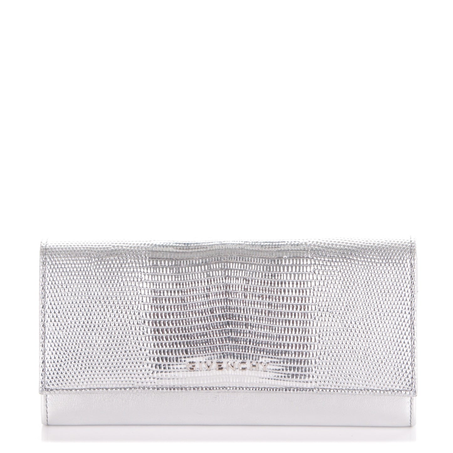 Metallic Calfskin Lizard Embossed Pandora Flap Continental Wallet Silver