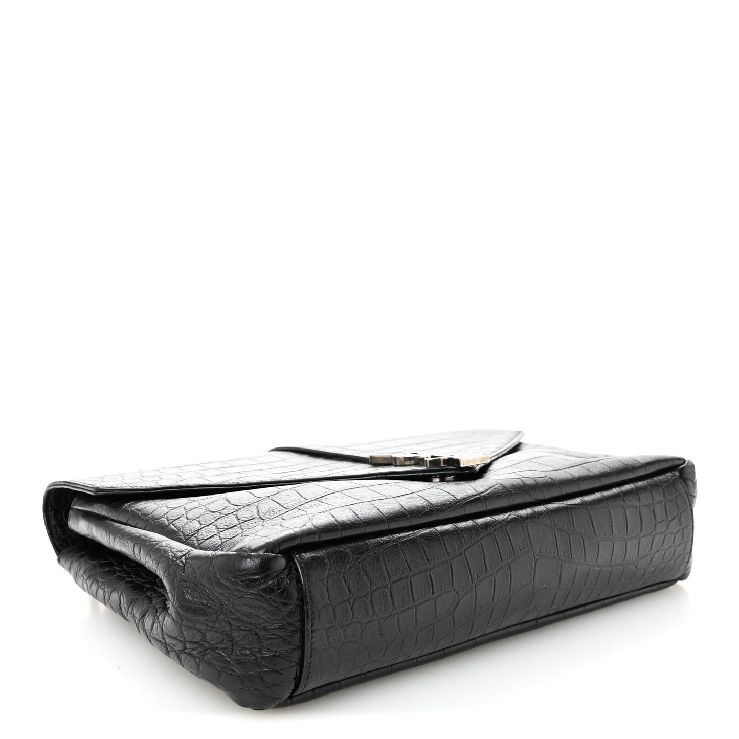 Calfskin Crocodile Embossed Large College Monogram Satchel Black