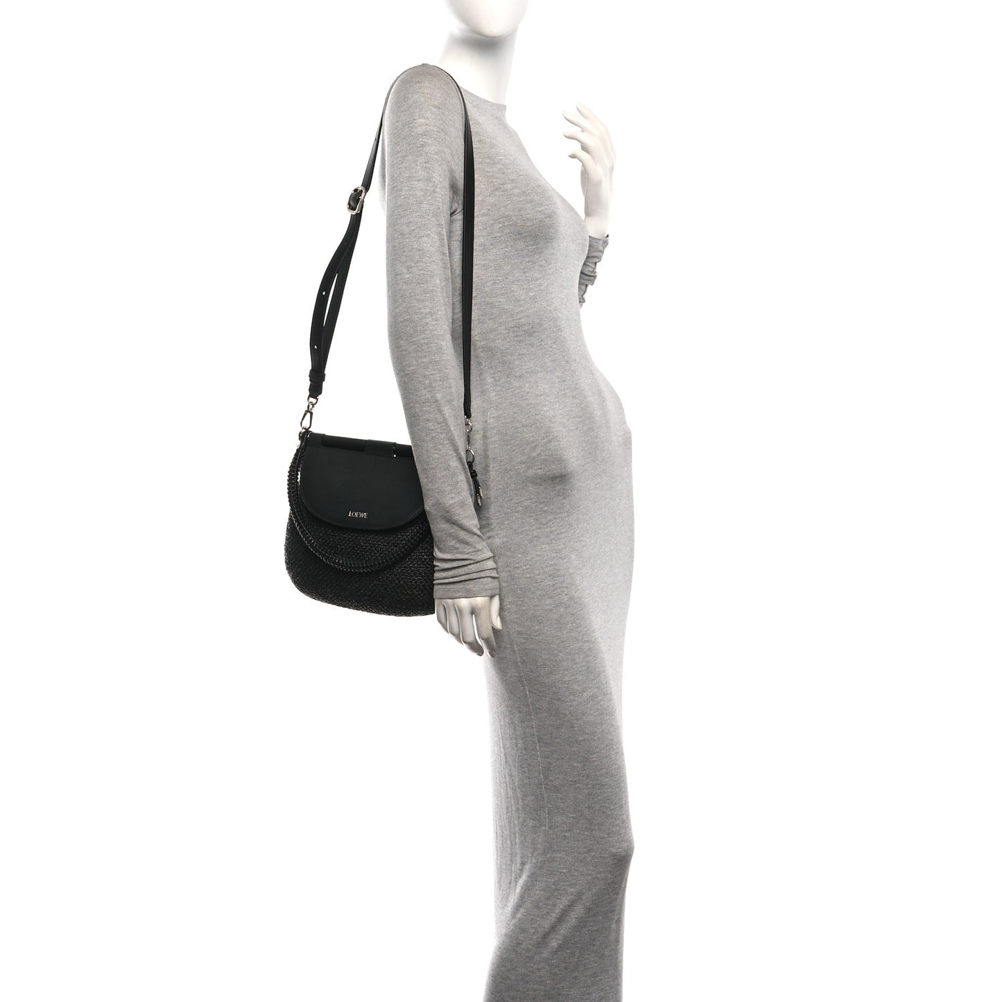 Raffia Calfskin Medium Pescador Bag Black