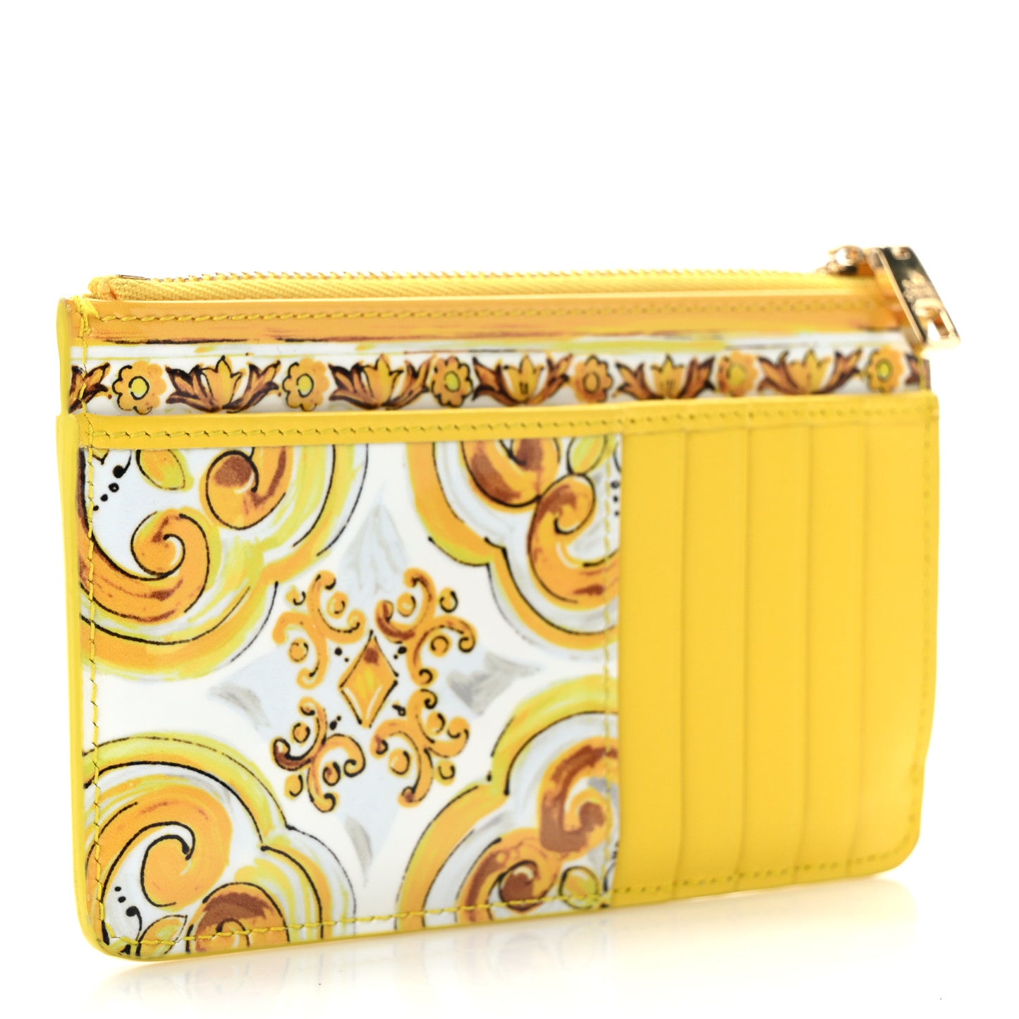 Vitello Lucido Stampato Majolica Print Zipped Card Holder Yellow White