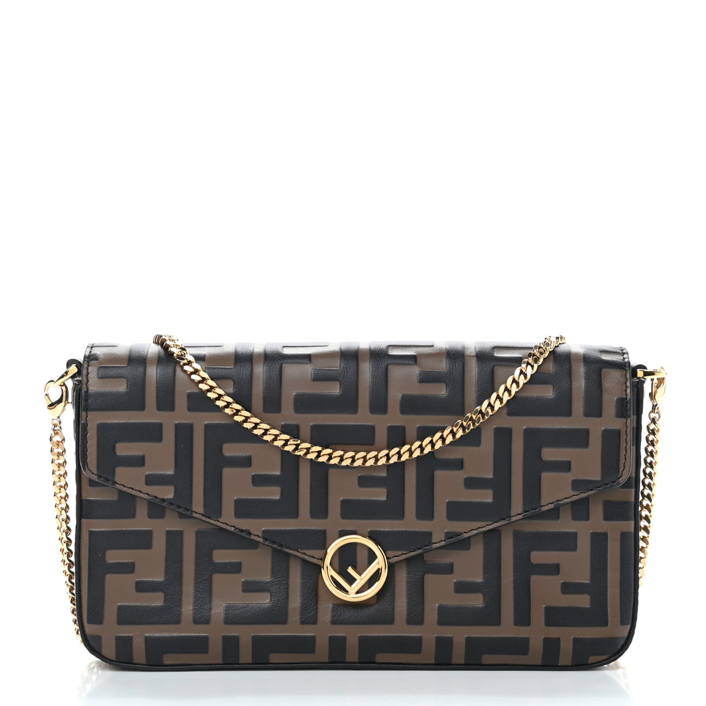 Vitello Soft F is Fendi Bi-Color FF 1974 Embossed Envelope Wallet On Chain with Pouches Maya Black