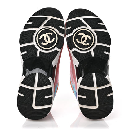 Chanel Nylon Lambskin Suede Calfskin CC Sneakers 37 Coral Light Blue White 5 of 10