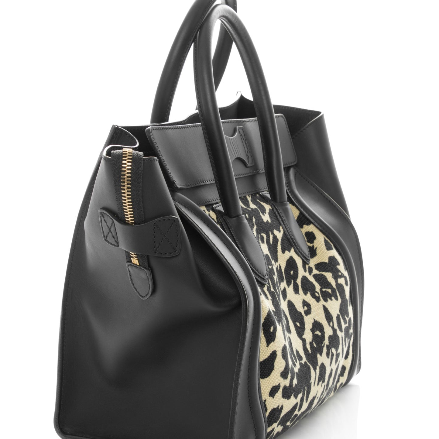 Canvas Smooth Calfskin Leopard Print Mini Luggage Black