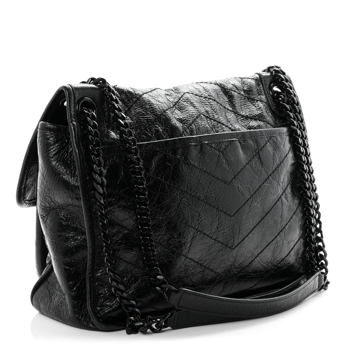 Crinkled Calfskin Matelasse Monogram Medium Niki Chain Satchel Black