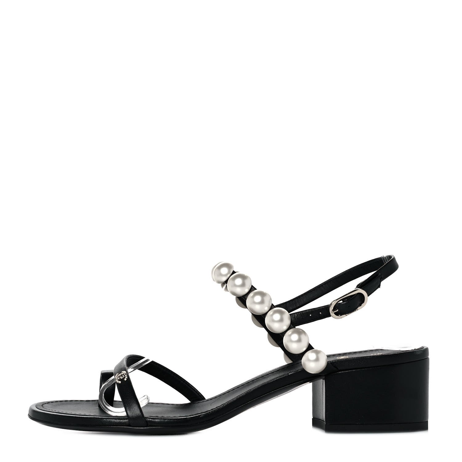 Chanel Lambskin Pearl Toe Ring Slingback Sandals 38 Black 1 of 7