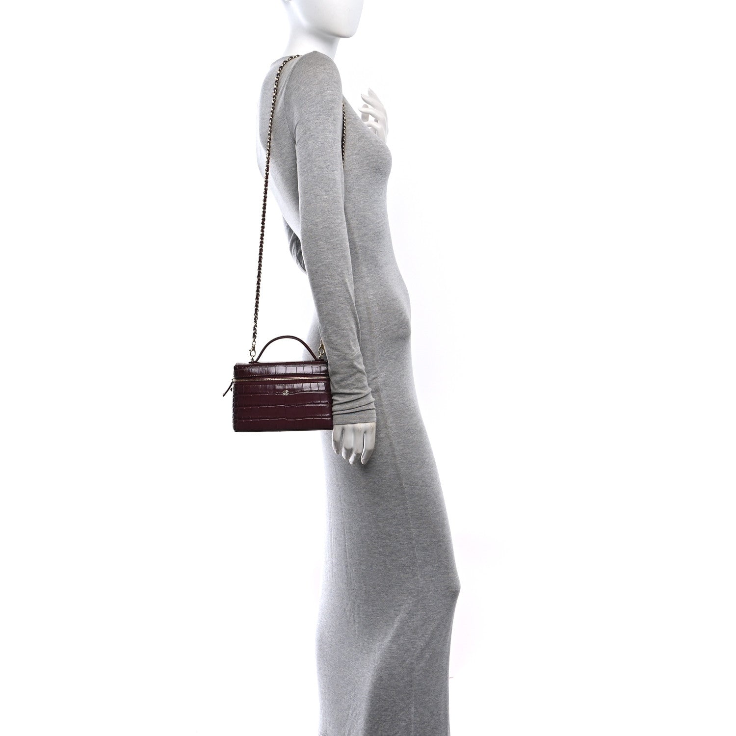 Chanel Calfskin Crocodile Embossed Crococo Top Handle Slim Vanity Case With Chain Dark Burgundy 2 of 12