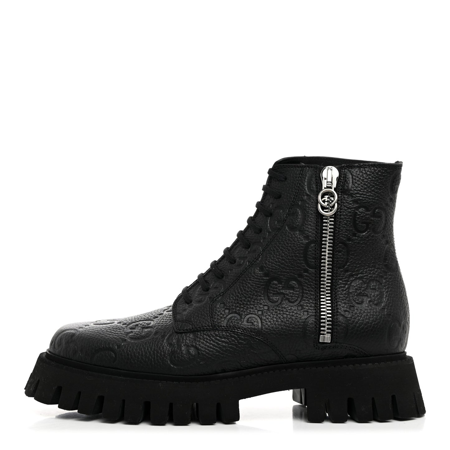 Calfskin Embossed Monogram Lace Up Ankle Boots 8 Black