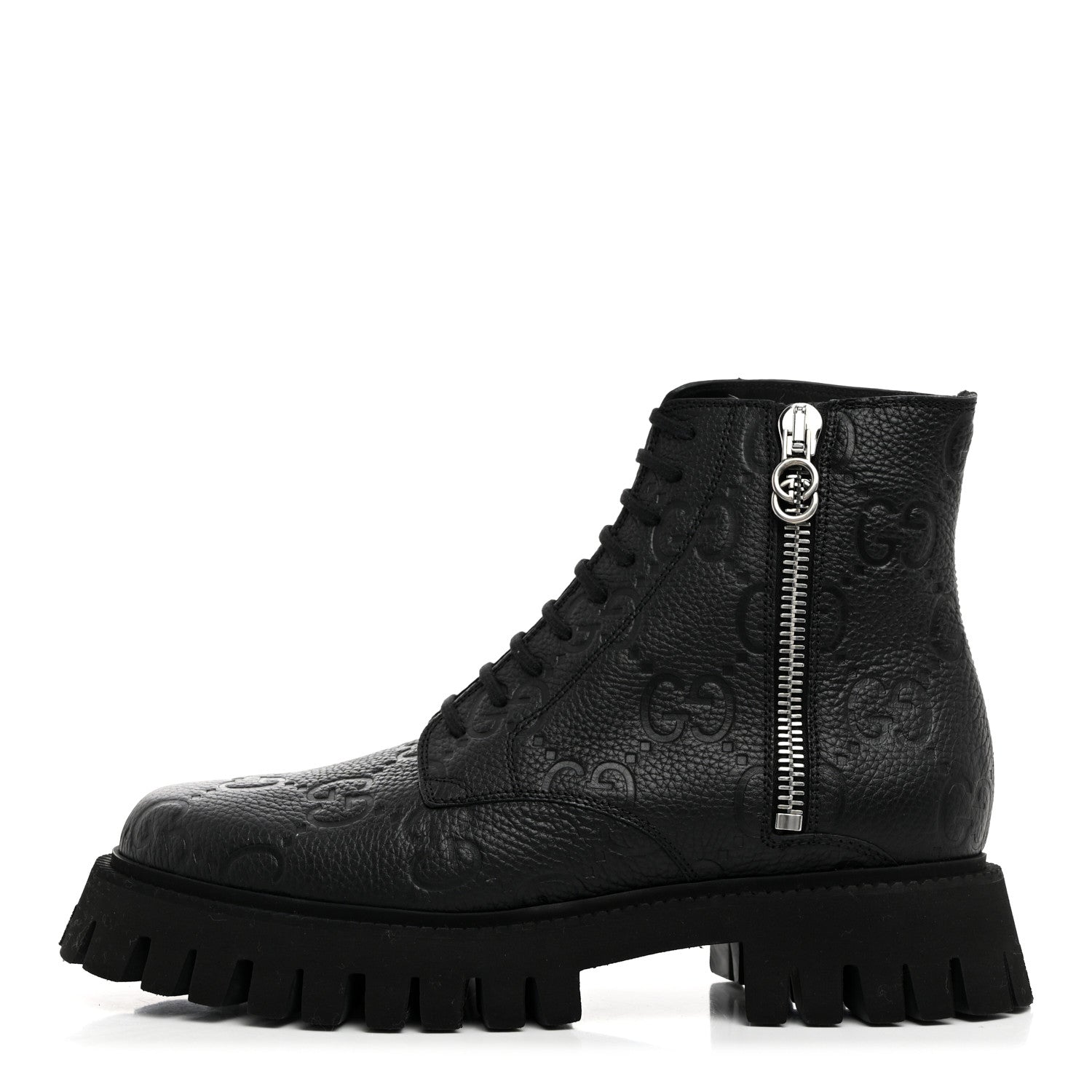 Gucci Calfskin Embossed Monogram Lace Up Ankle Boots 8 Black 1 of 9