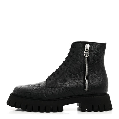 Gucci Calfskin Embossed Monogram Lace Up Ankle Boots 8 Black 1 of 9