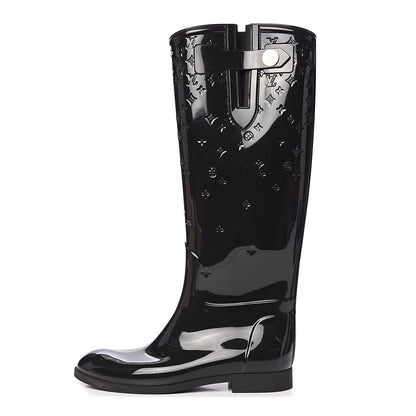 Louis Vuitton Rubber Embossed Monogram Drops High Rain Boots 37 Black 1 of 7