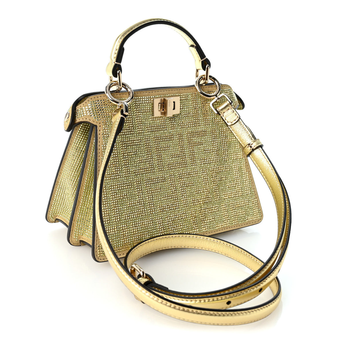 Fendi Iridescent Crystal Vitello Laminato Suede FF Petite Peekaboo I SEE U Satchel Platino 3 of 10