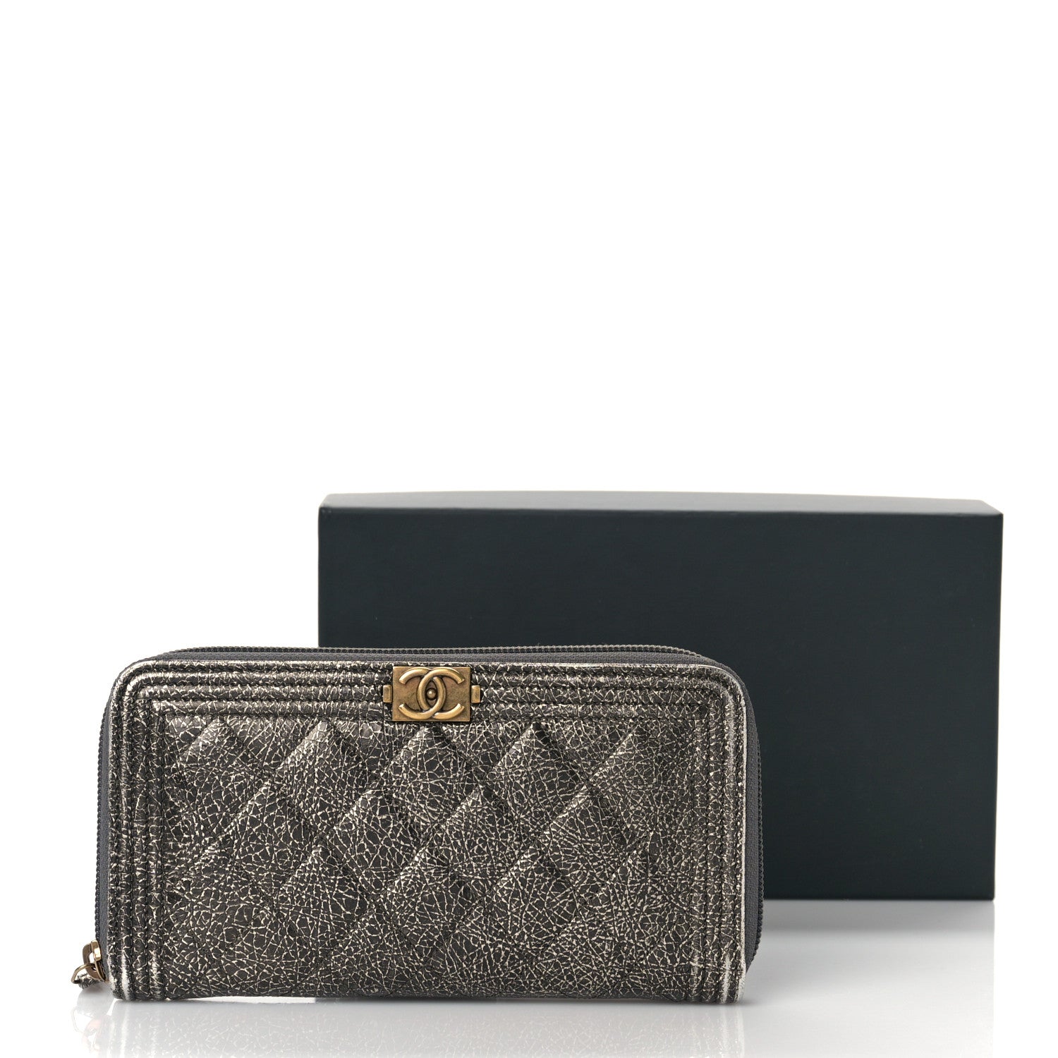 Chanel Cracked Metallic Calfskin Quilted Boy Long Zip Around Wallet Dark Silver 11 of 11