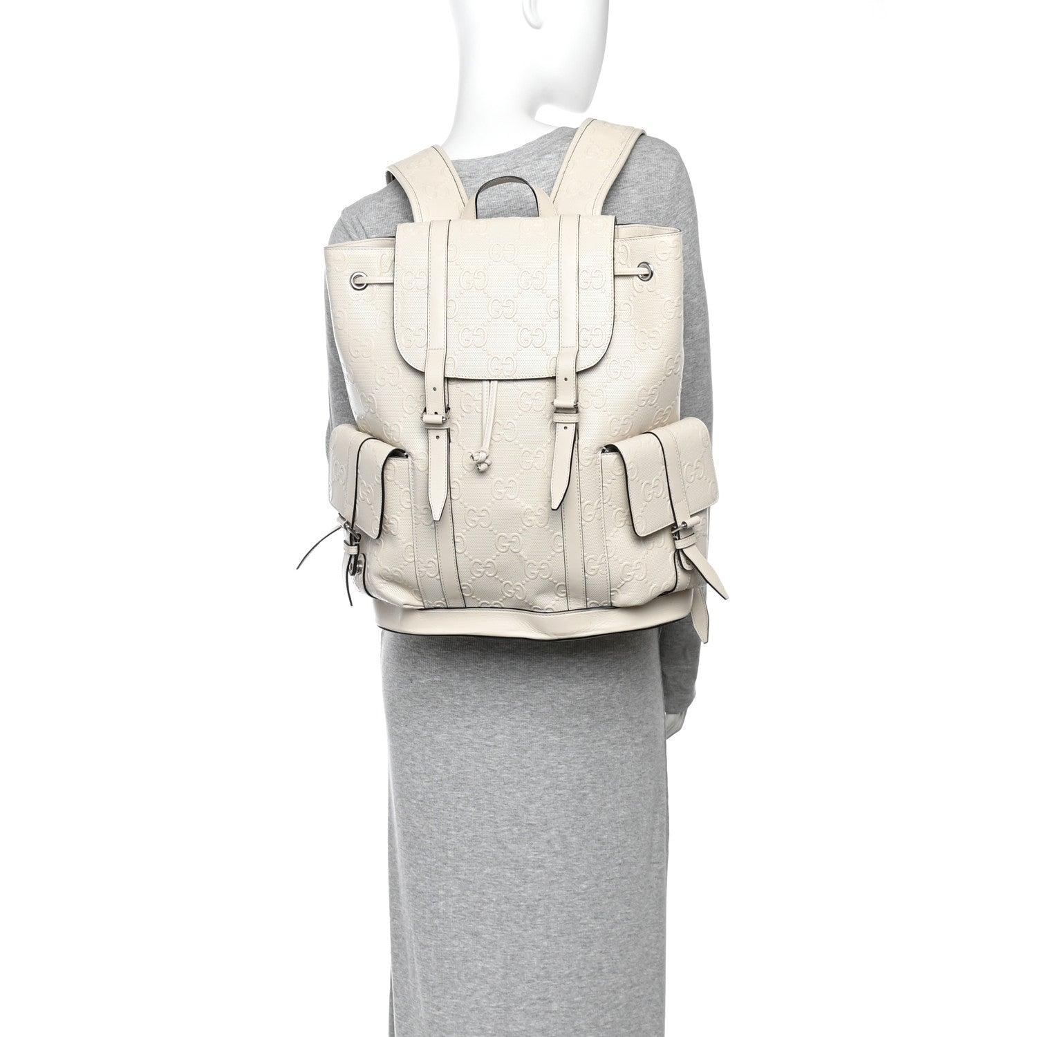 Gucci Piuma Calfskin Jumbo GG Embossed Double Buckle Backpack Mystic White 2 of 10