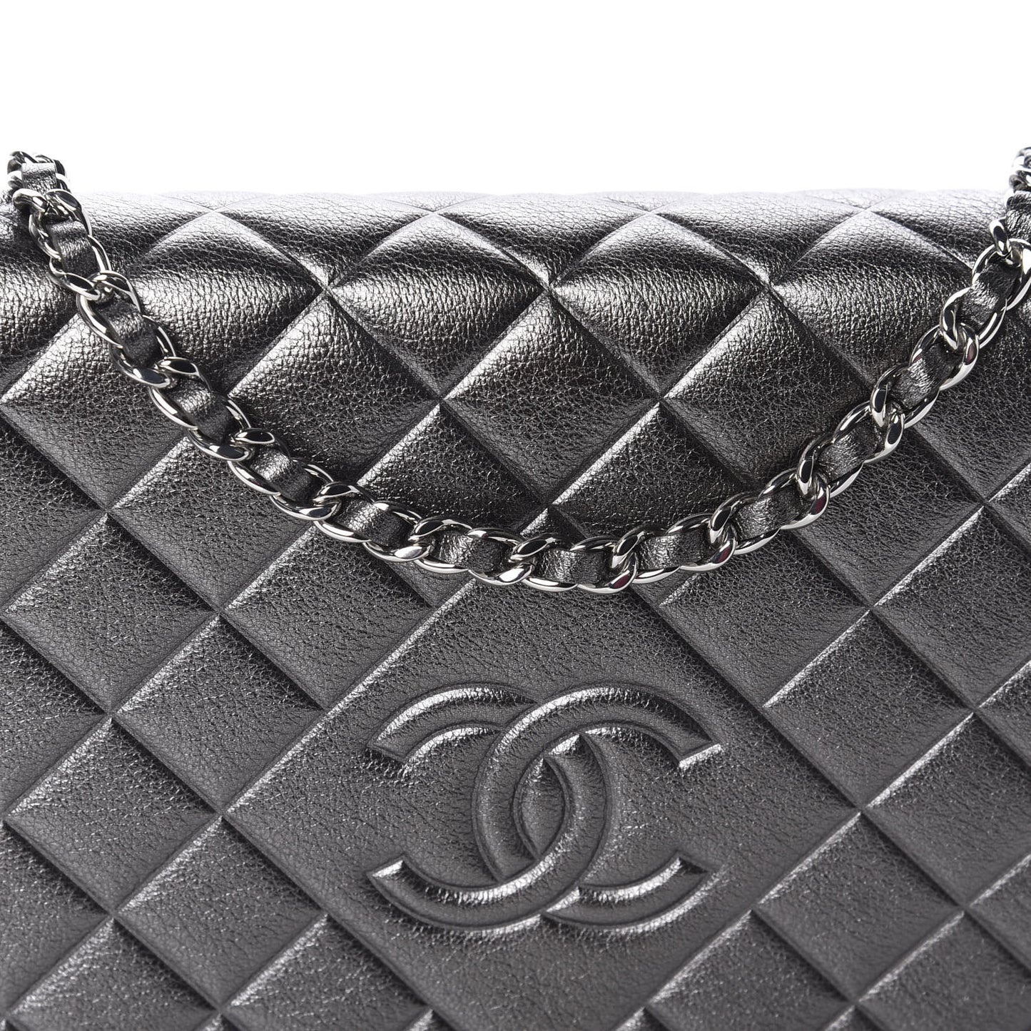 Metallic Goatskin Quilted Diamond CC Wallet On Chain WOC Pewter