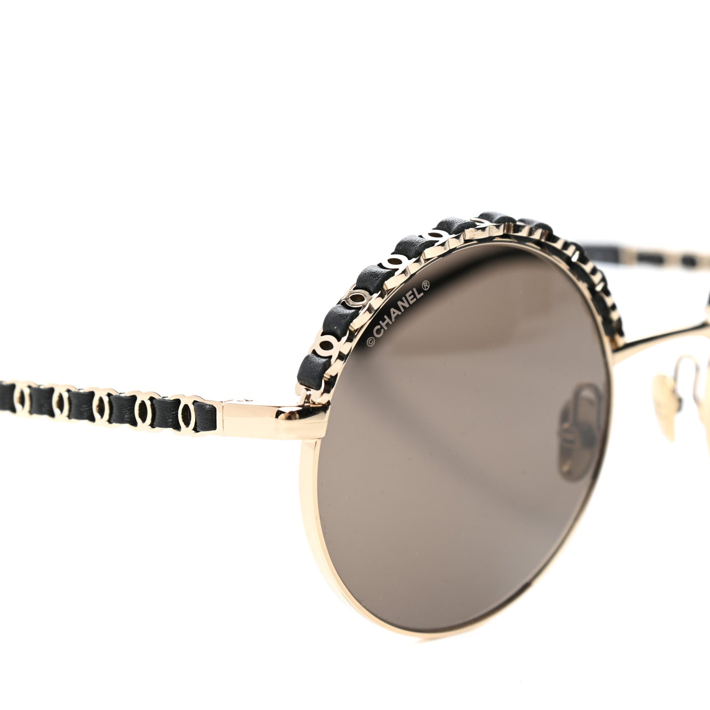 Metal Calfskin Round Chain Sunglasses 4265-Q Black